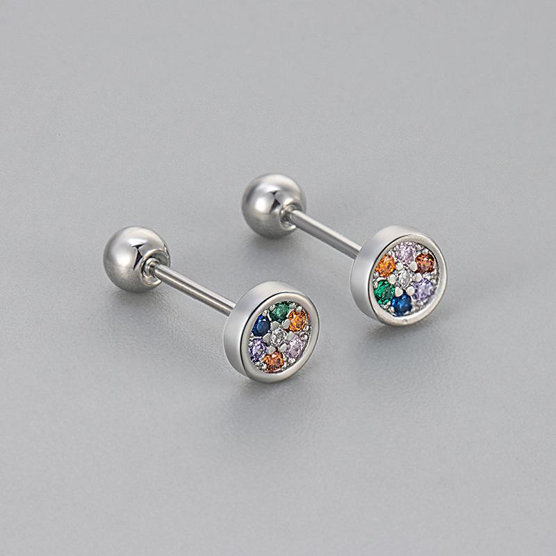 Light Luxury Round Colored Diamond Stud Earrings For Women Screw Back Comfortable Sleep In Hoops Niche Design Jewelry