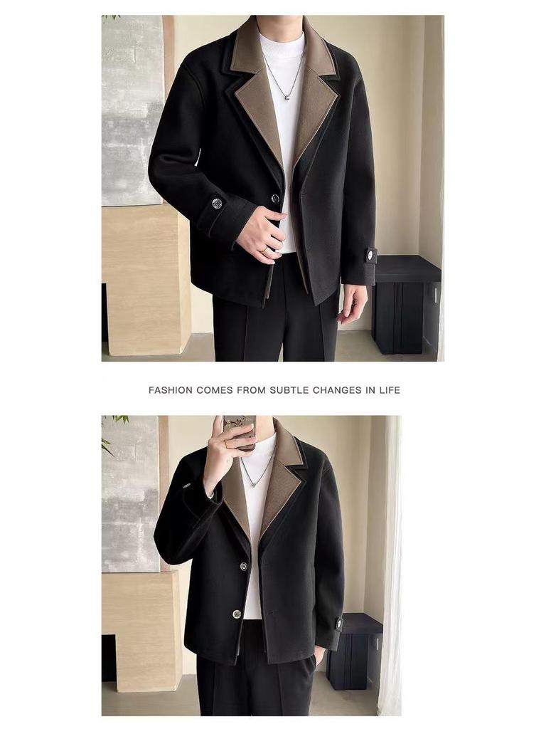 Men's High-End Street Style Wool Coat - Thickened Double-Layer Collar, Color Block Casual Patchwork for Autumn/Winter
