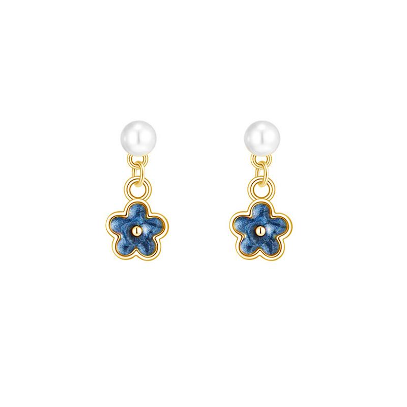 Real 925 Silver Pearl 14K Gold Blue Flower Pendant Stud Earrings For Women Cute Fine Jewelry Light Accessories