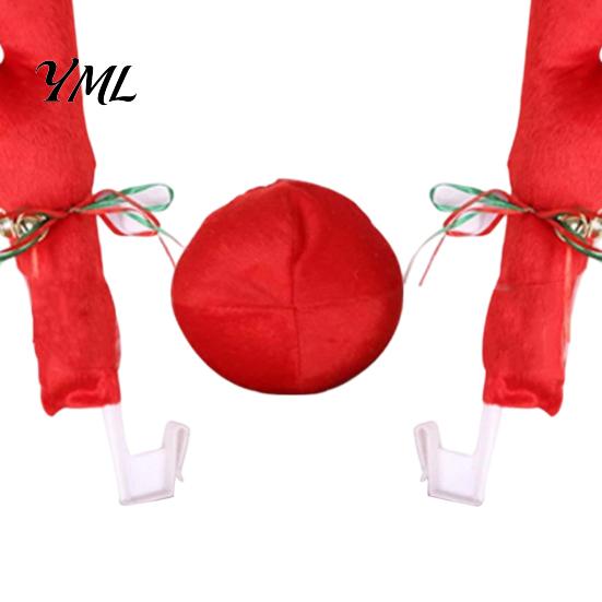Winter Holiday Car Decor Christmas Reindeer Antlers with Red Nose, Plush Vehicle Decoration Party Accessory Kit Jingle Bell Ribbon, Festive