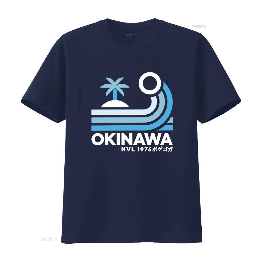 Mens Japan Okinawa Retro Style T Shirt with Palm Wave Design and Lettering Print Fashion Streetwear for Summer Vibes Vintage