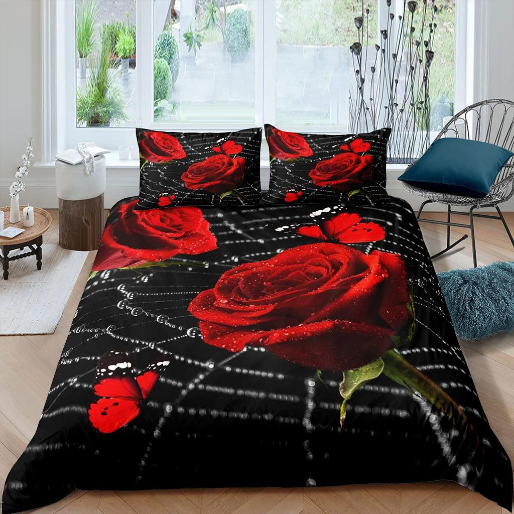 Ensemble Housse de Couette Rose Rouge Ensemble de Literie Imprimé Fleur de Rose Style Romantique Frais Taille King Housse de Couette avec Taies d'Oreiller pour Amoureux