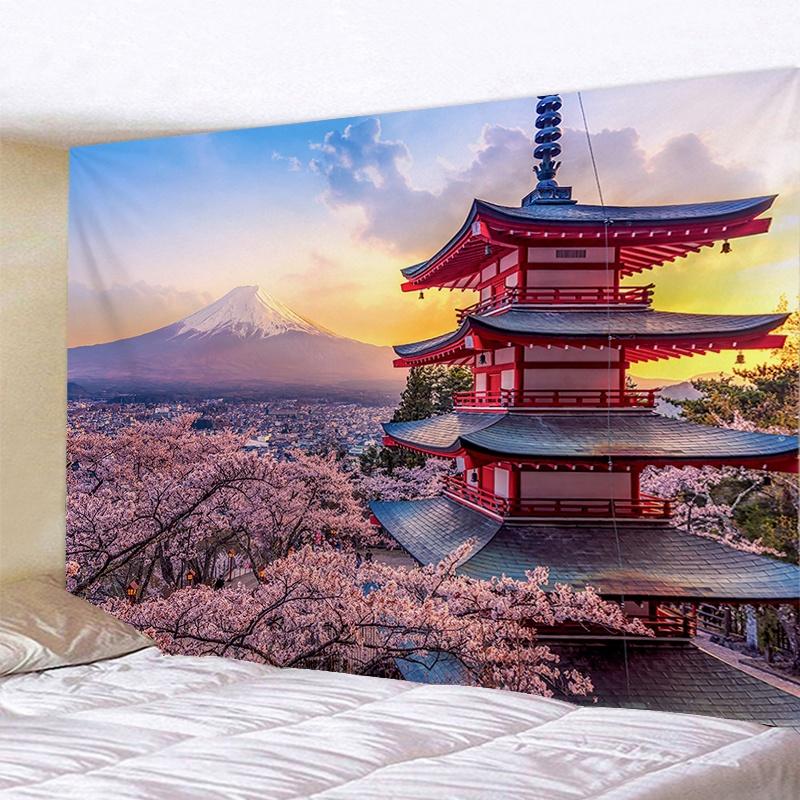 VIKAMA Japanese Cherry Blossom Tapestry Oriental Landscape Wall Hanging Decor for Bedroom Living Room Home Decor