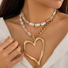 Women's Fashion Big Heart Pendant Necklace Exaggerated Unique Baroque Pearl Chain Love Heart Pendant Double-layer Necklaces