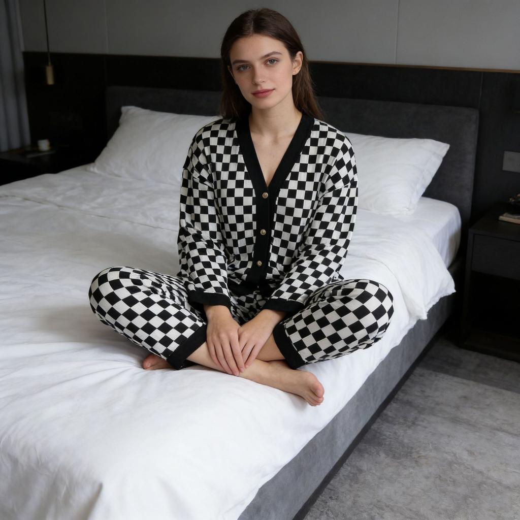 Pajama Set with Checkered Print for Home Wear