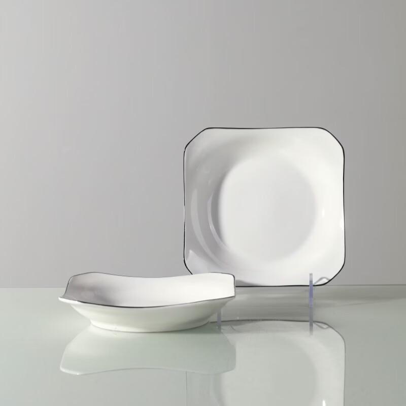 Minimalist Black Line Underglaze Ceramic Square Dinner Plates (Set of 2)