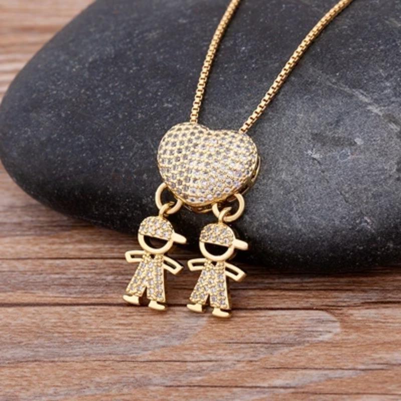Nidin Fashion Son Daughter Heart Gold Color Family Girl Boy Pendant Necklace Jewelry For Mother Gift