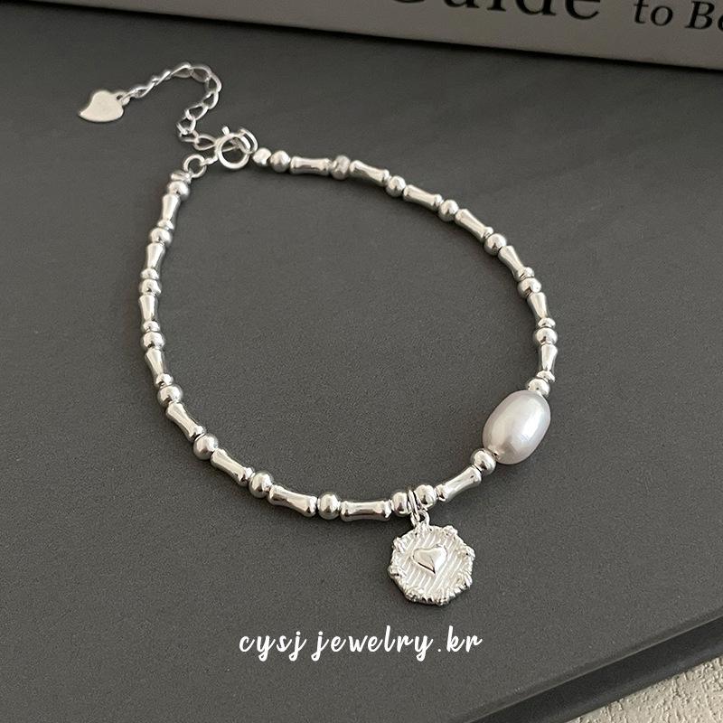 S925 Sterling Silver Korean Bamboo Pearl Heart Bracelet - Women's Niche Cold Style Trendy Jewelry