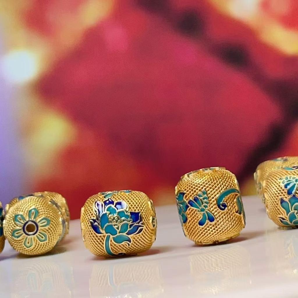 5Pcs, Vintage Cloisonné Lotus Pattern Barrel Beads, Golden/Silvery Plated DIY Jewelry Spacer Findings for Bracelet & Necklace Making 15×13mm