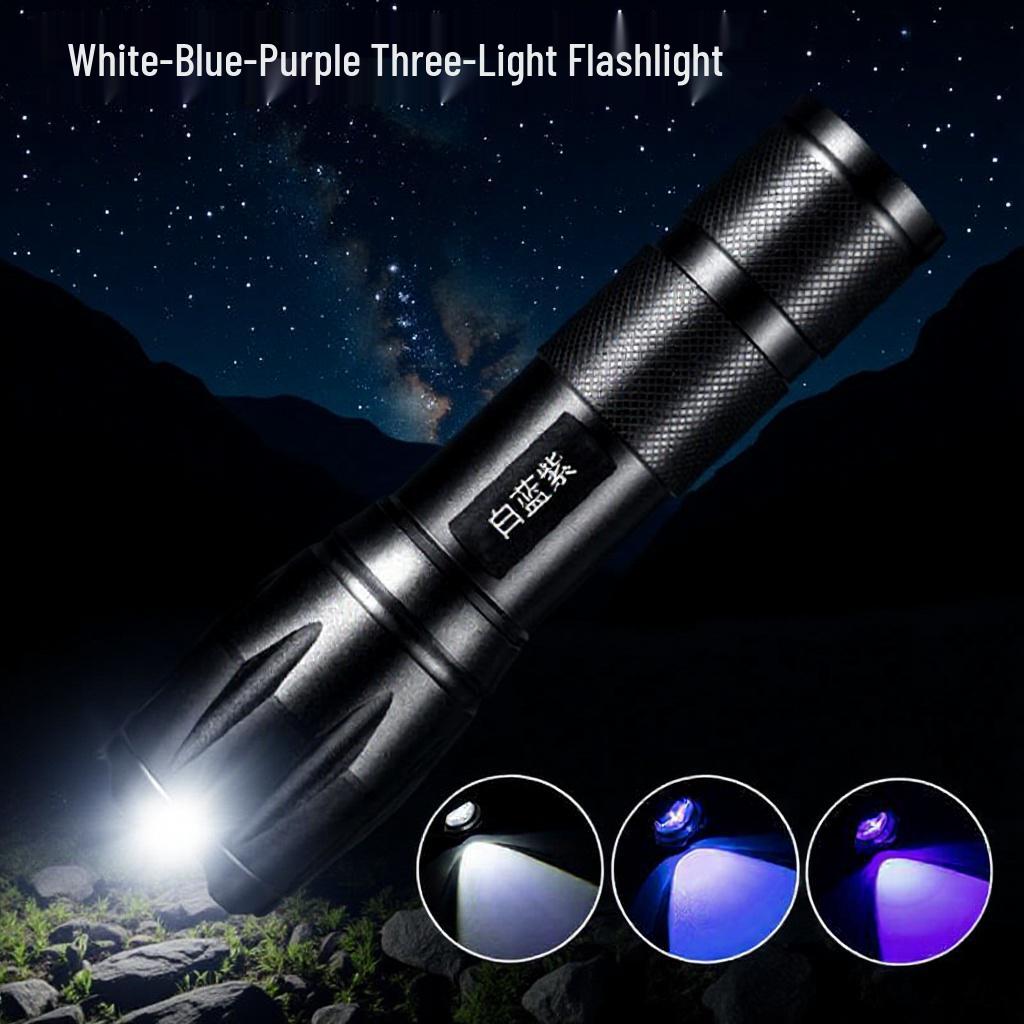 LED Multifunctional Flashlight - USB Rechargeable, Triple Light Source, Purple Identification, Aluminum Alloy, Night Fishing