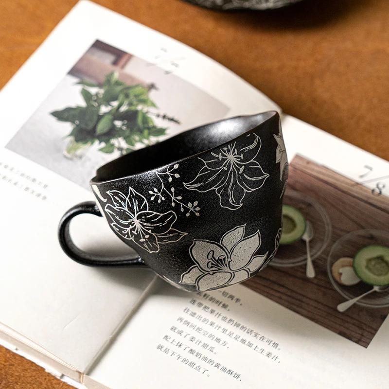 High End Creative Black Ceramic Coffee Cups Home Exquisite Flowers Irregular Coffee Cup Unique Afternoon Tea Pot Holiday Gifts