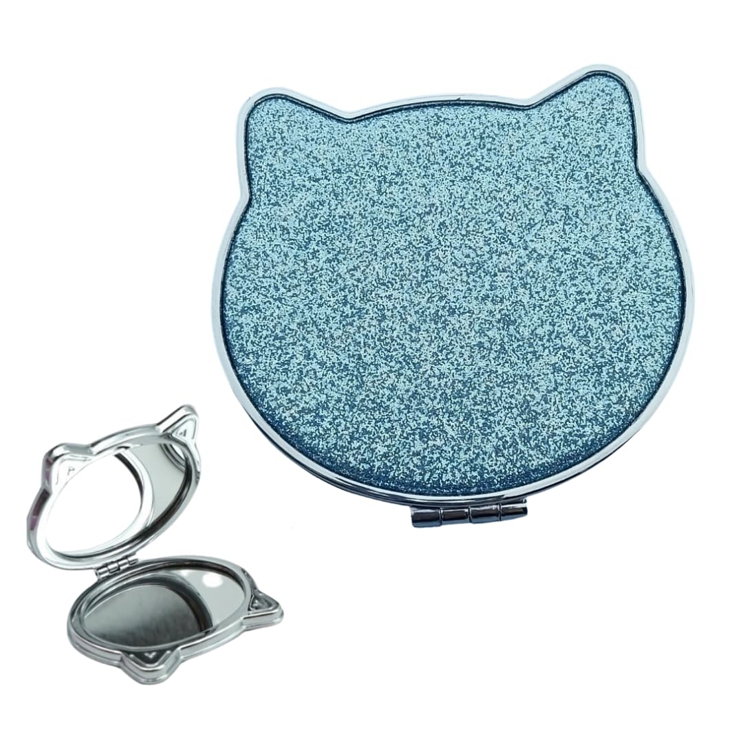 Compact mirror cat hand folding portable stylish double-sided unbreakable (light blue)