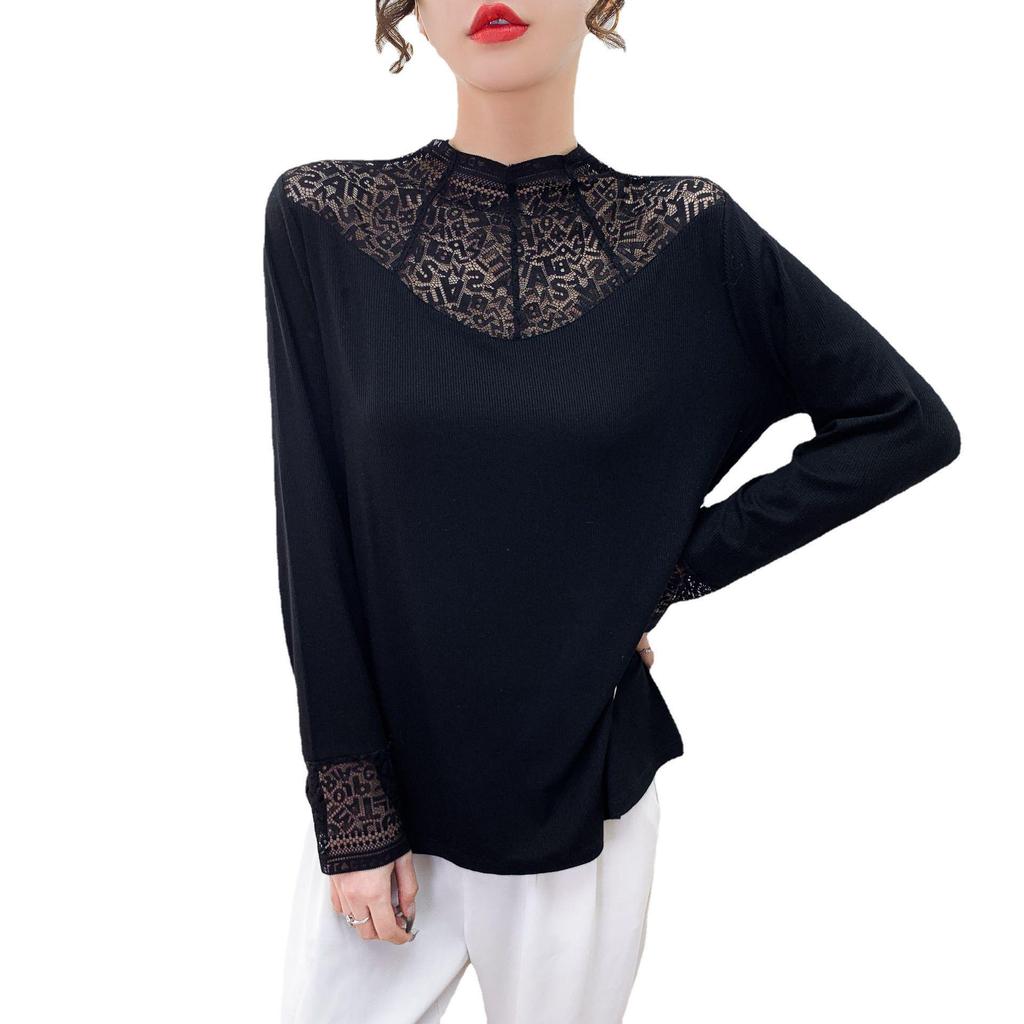Yanzhiban 2024 Primăvară Top de Bază cu Dantelă Mărimi Mari - Gât Semi-Înalt, Mânecă Lungă.