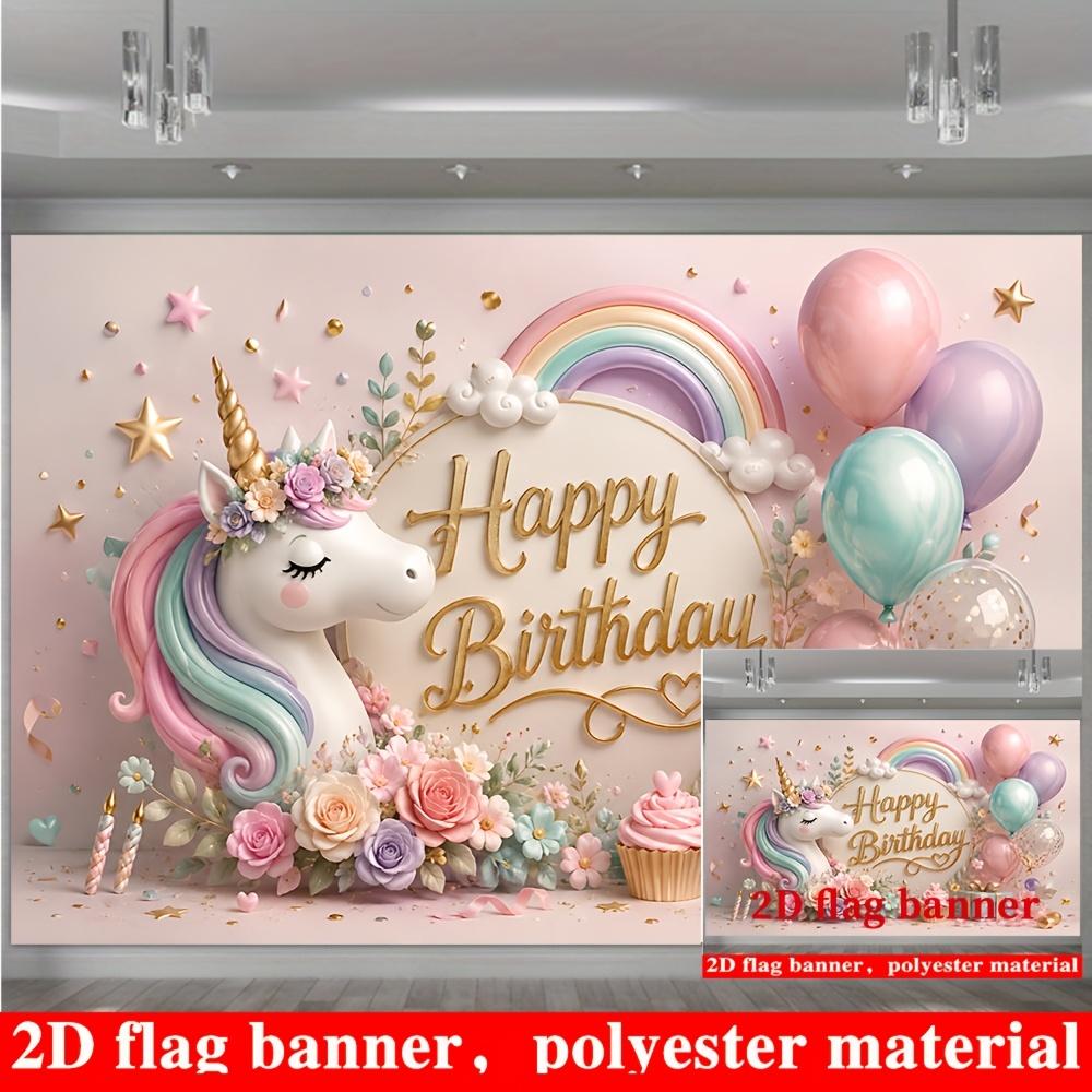 Unicorn Birthday Banner Backdrop Macaron Balloons Rainbow Flowers Stars Polyester