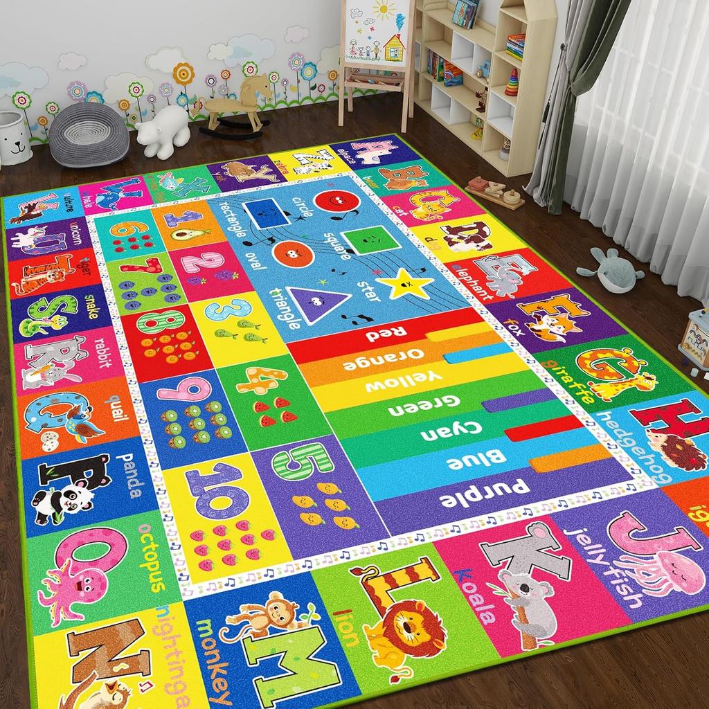 Lernteppich ABC für Kinder mit Zahlen und Tieren, Vorschul-Lernteppich für Schlafzimmer, Spielzimmer und Klassenzimmer
