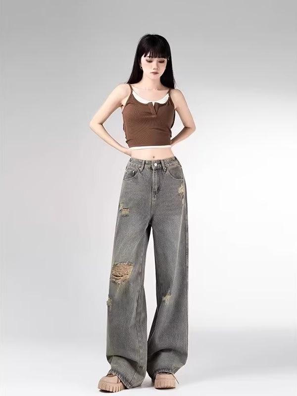 Women's High-Waist Ripped Retro Wide-Leg Jeans