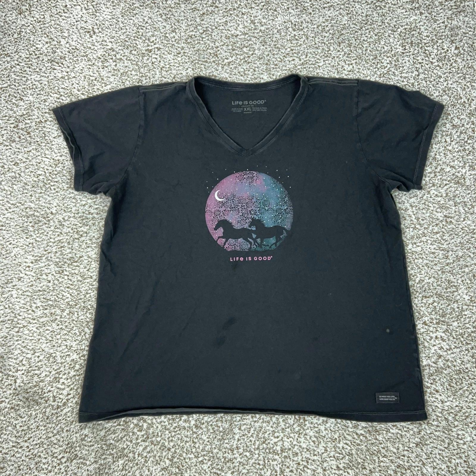 

Life Is Good Shirt Womens XXL Black Crusher Horses Moon Graphic V Neck Tee T 3XL