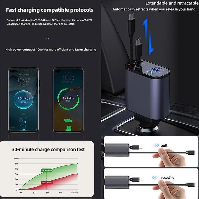 100W 4 IN 1 Retractable Fast Car Charger USB Type C Cable For iPhone Samsung Fast Charge Cord Car Cigarette Lighter Adapter