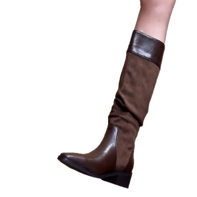 Huge and Thin~ 2025 Autumn New Splicing Two-color Pointed Pleated French Retro Knight Boots High Boots Women