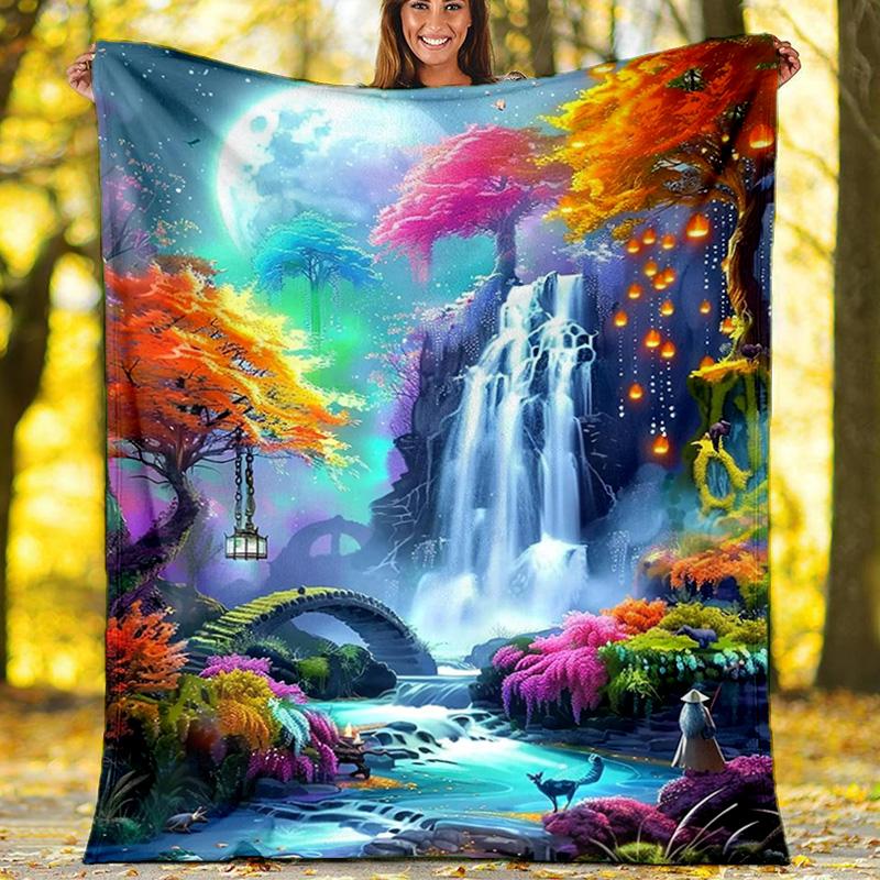 Magische Fee Wasserfall Landschaft Decke, Leuchtender Wald Flanell Überwurfdecke für Heimdekoration