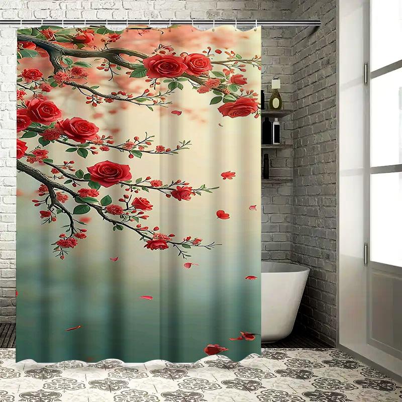 Red Roses on Branch Waterproof Shower Curtain Heat Resistant Machine Washable Non-Transparent 180x180cm