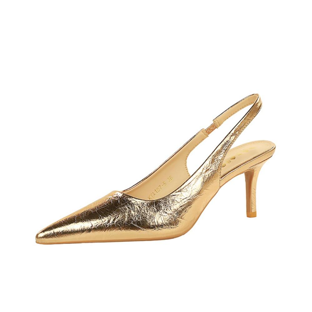 Women Korean Vintage Grain Slingback Pumps, Pointed Shallow Thin Stiletto Heels For Banquet Evening Party DS-A108