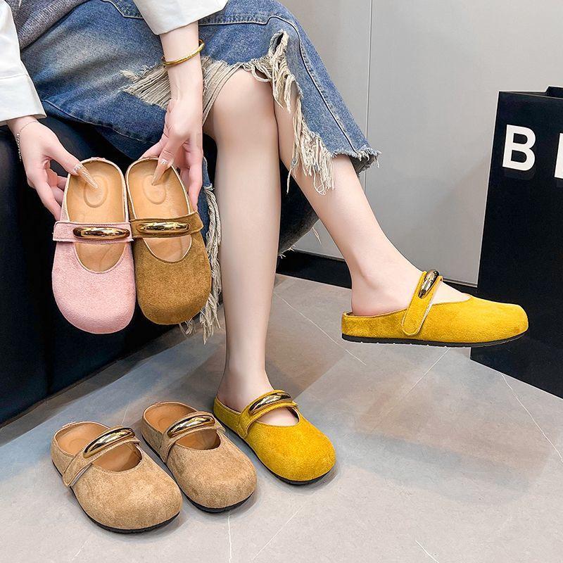 Solid color Mary Jane bag head half slippers women's pedal light mouth metal temperament fashion shoes 2025 new