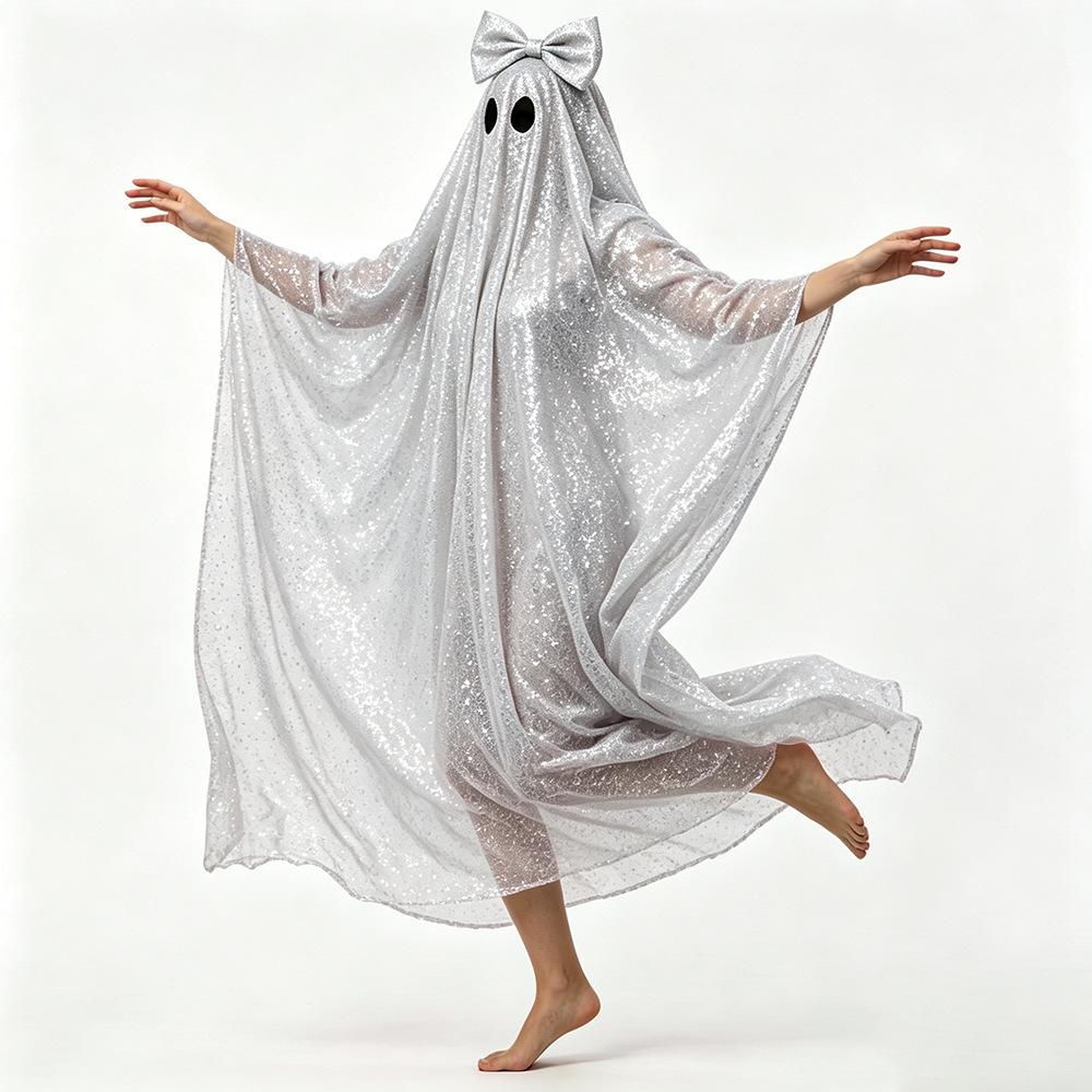 Women Halloween Ghost Costume Sparkly Glittery Ghost Robe Outfit for Halloween Party Fancy Robe Fancy Dress for Cosplay