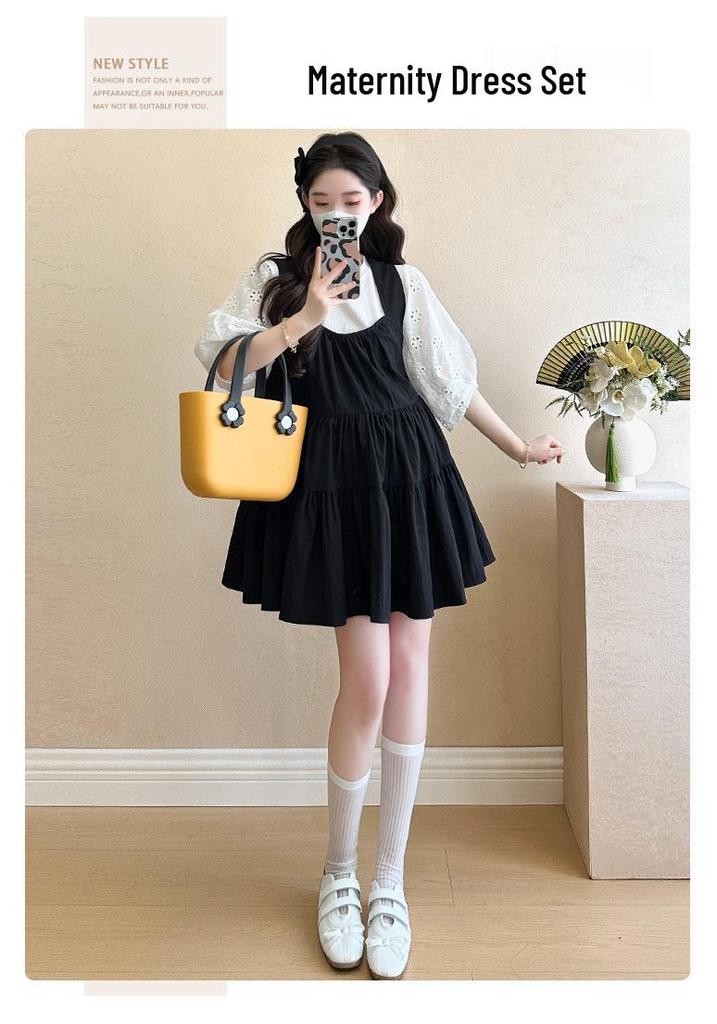 2026 Summer Short Sleeve Hollow Out T-shirt & Reversible U-Neck Doll Dress Maternity Set