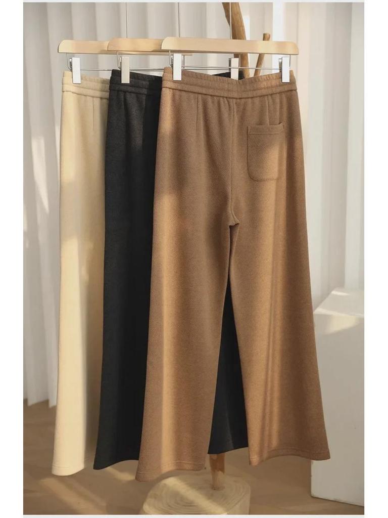 High-Waist Elastic Tweed Wool Pants - Autumn/Winter Women's Wide-Leg Straight Cut with Soft Drape