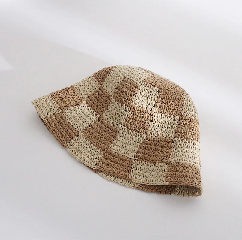 Japan Korea Crochet Beach Straw Hat Women Summer Flowers Grid Pure Hand-woven Hat Sunshade Fisherman Breathable Bucket Gorras