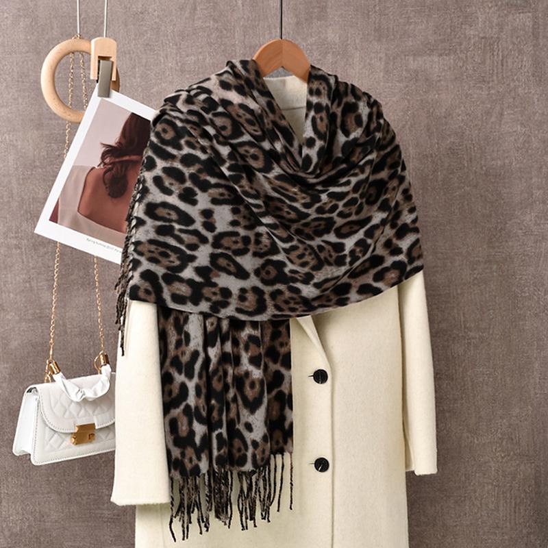 Leopard Print Pashmina Tassel Shawl Scarf For Woman Winter Warm Shawls Fashion Long Wraps Thick Like Cashmere Scarves