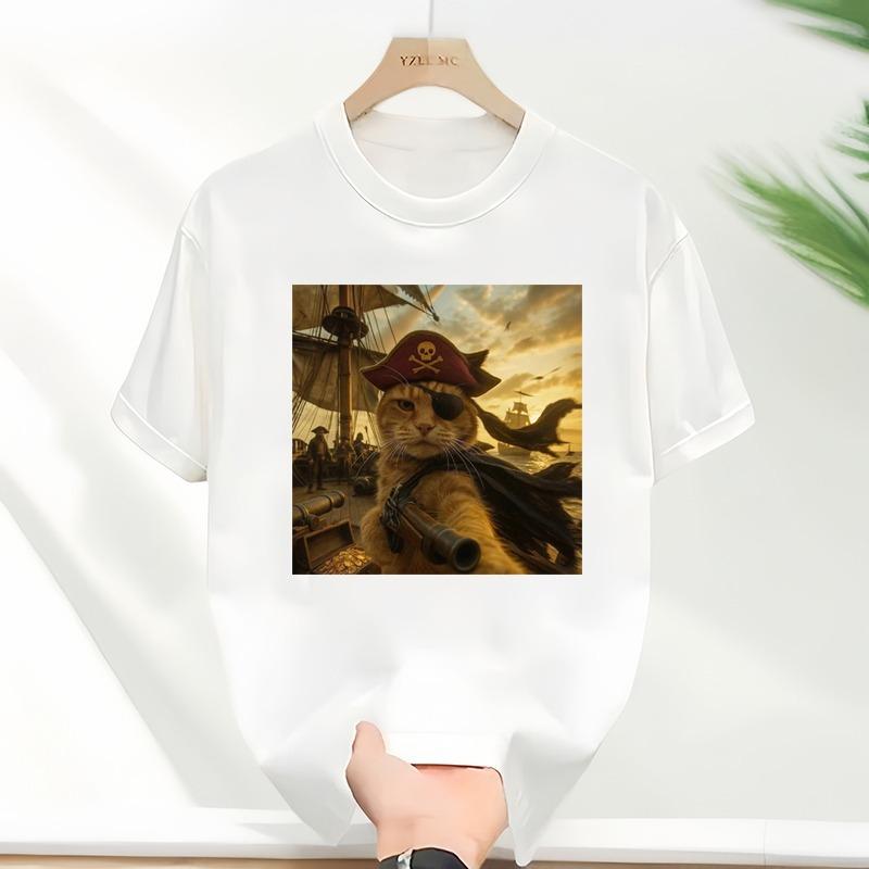 White TShirt Helmet Wearing Tabby Cat Print Background With Fighter Jets Missile Explosion Battle Scene Funny Creative Top