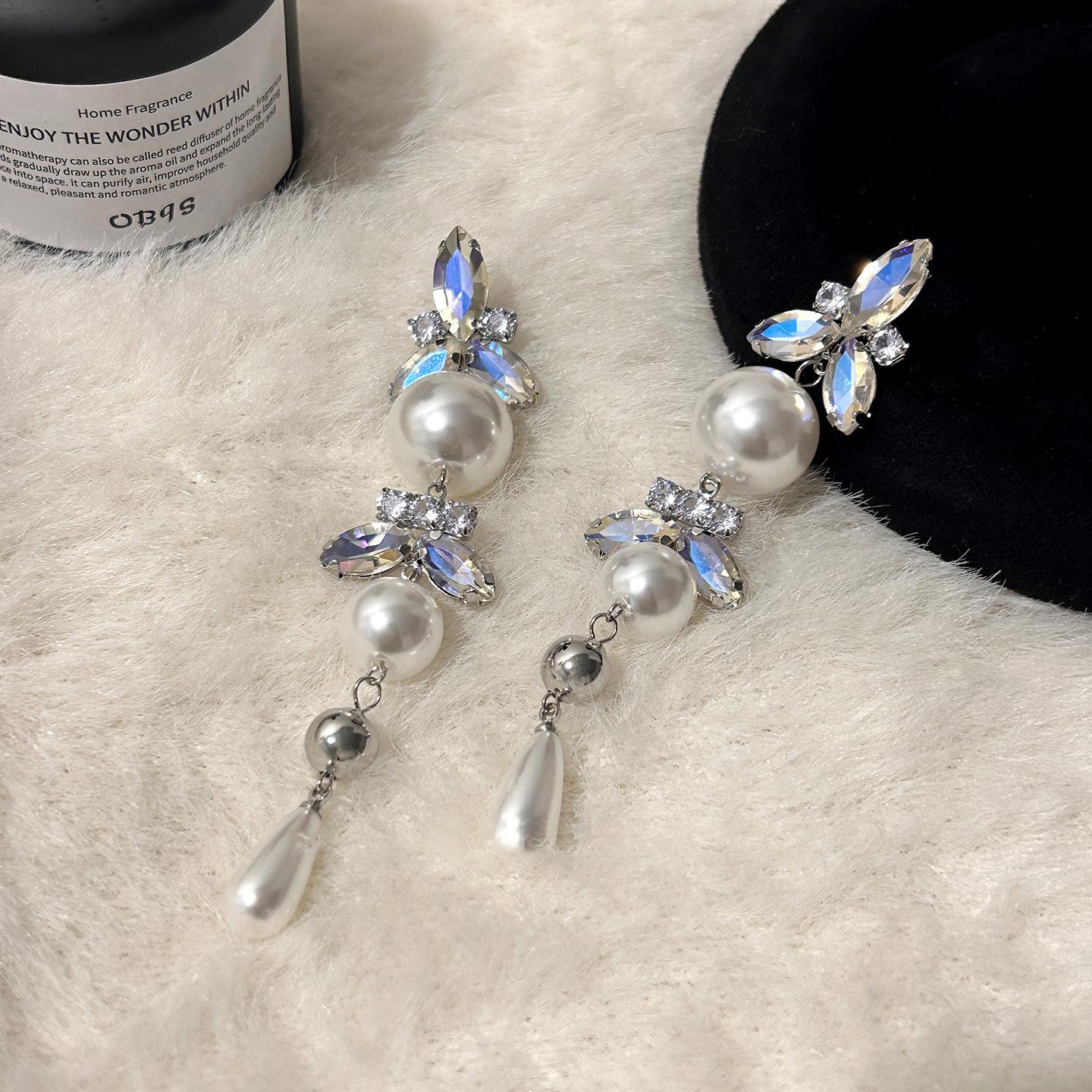 French court style zircon geometric pearl fringed earrings stud earrings exquisite earrings