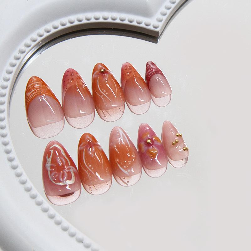 Nail art patch removable nail simple French flower fake nail wearing nail three-dimensional gold bead diamond 30 pieces