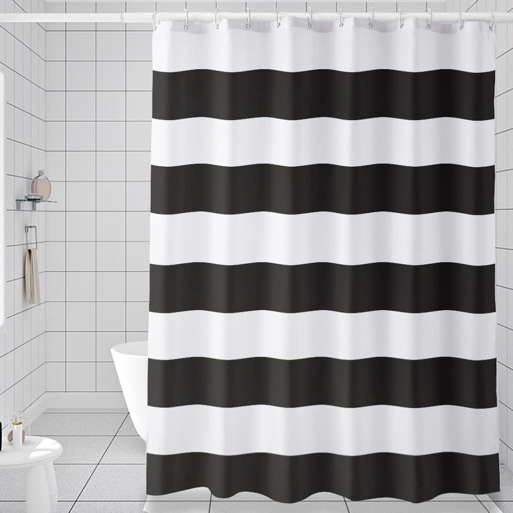 AmazerBath Navy Blue Shower Curtain, 72" W x 72" H Blue and White Stripes, Fabric for Bathroom, with 2 Heavy Stones