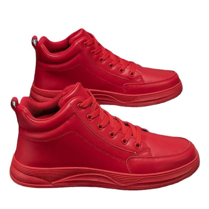 Couples Leather-covered Waterproof Sneakers for Men Women Flat-soled High-top High-top Shoes