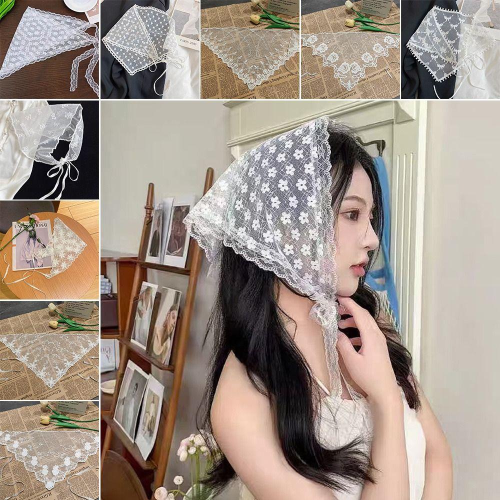 Embroidered Lace Triangle Headscarf Hollow-out White Hair Bandana Woven Floral Pastoral Style Lace Skirt Hair Accessories