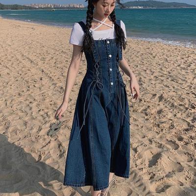 Vintage-Mode-Denim-Trägerkleid für Damen, Sommer, A-Linie, quadratischer Kragen, Kordelzug, einreihige blaue Kleider