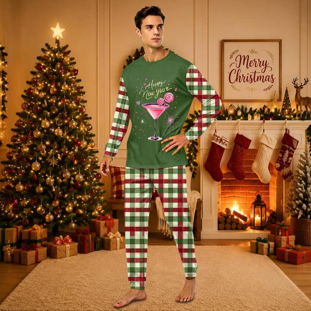 Christmas-print long-sleeve and long-pant matching family loungewear set