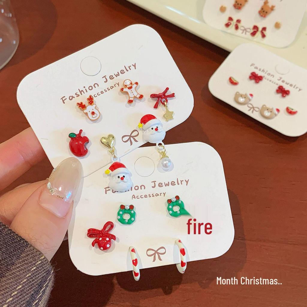 Santa Claus & Reindeer Holiday Stud Earrings - Fun Red Apple, Bell, and Cartoon Designs for Autumn/Winter. Silver Needle, Women's Festive Jewelry Set.