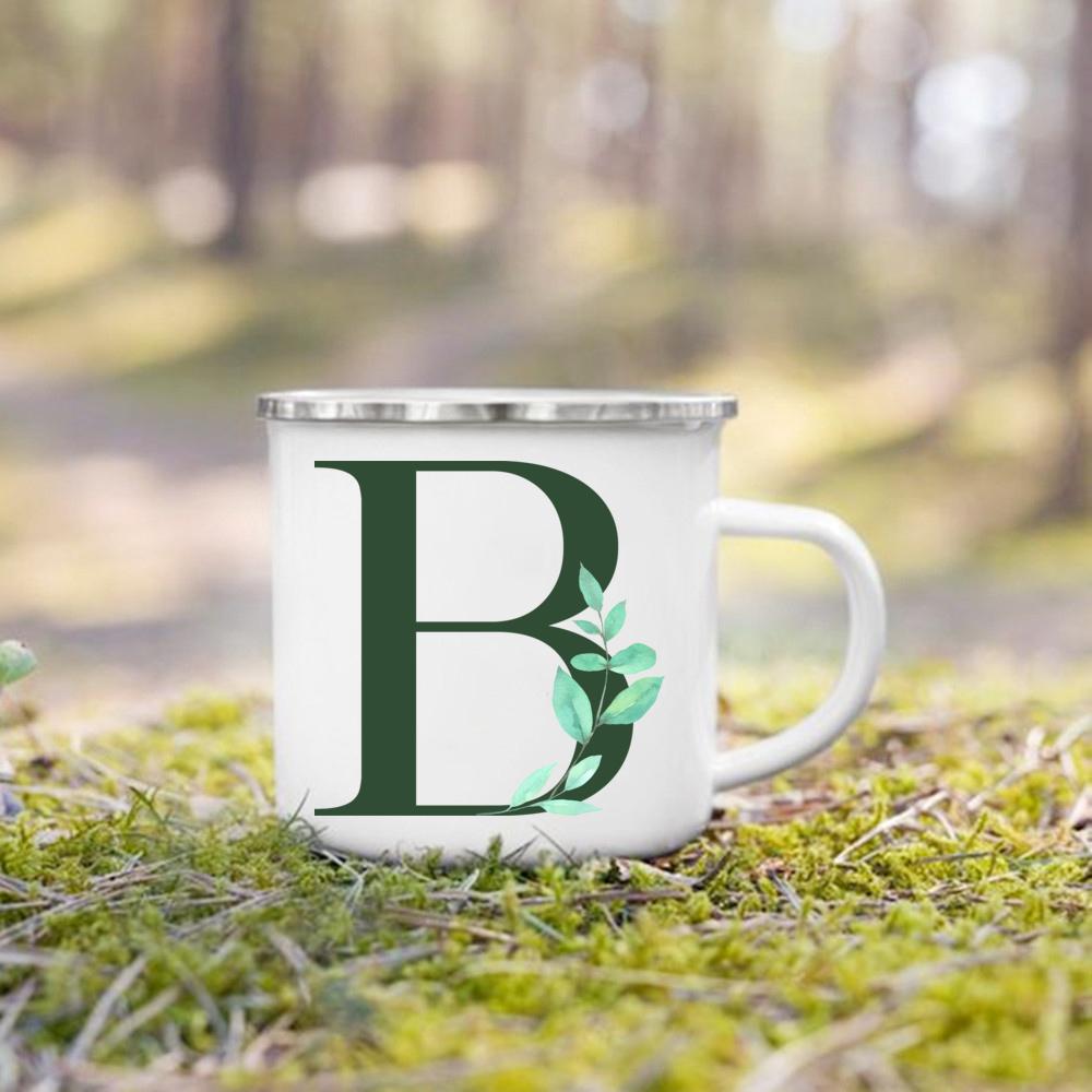 Emaille-Tasse mit Henkel, Aquarell, grünes Blatt mit Alphabet, Tasse, personalisierte Geschenke, Kaffee-Reisebecher, Bierbecher für Kaffee- und Teetassen