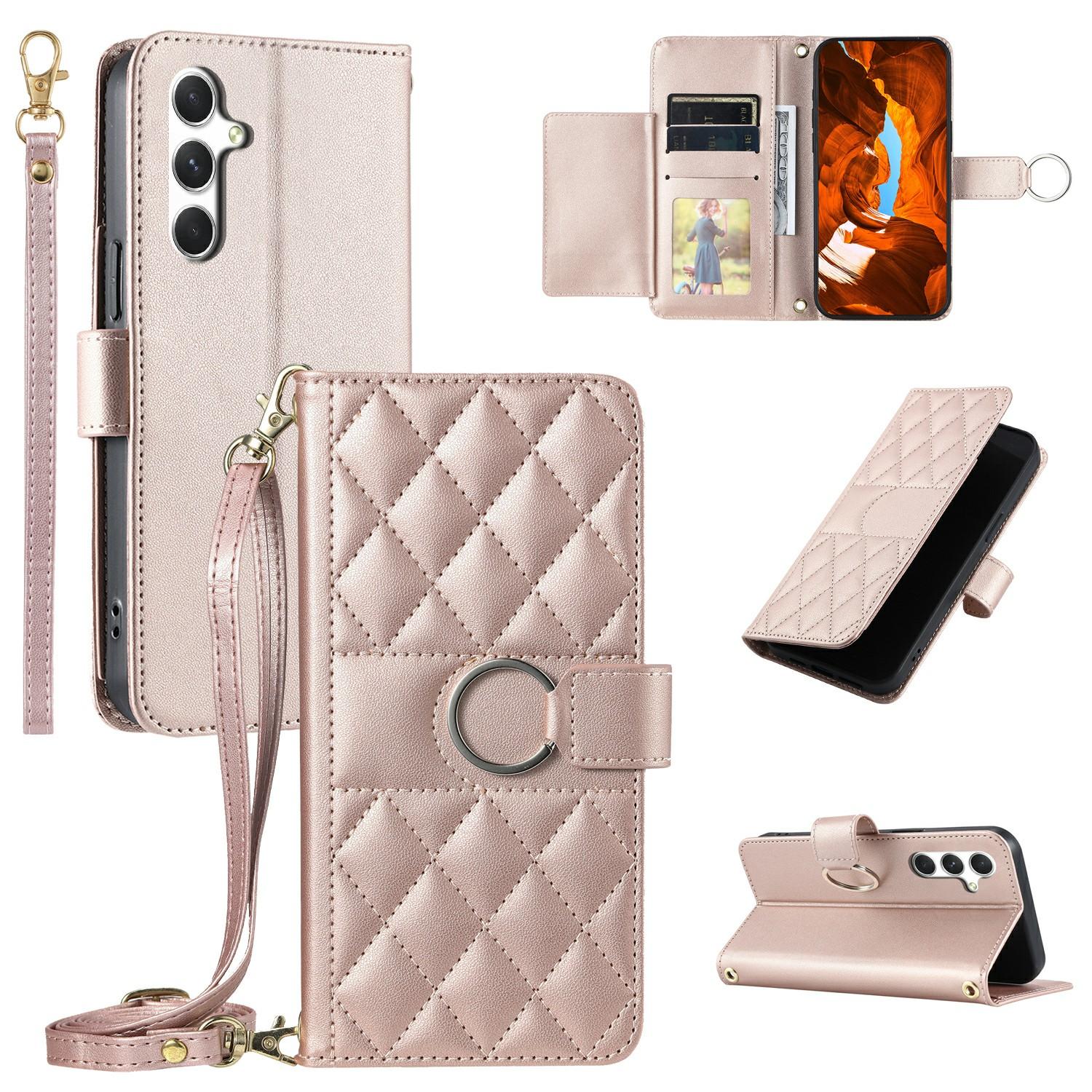 

Для Samsung Galaxy A55 5G Crossbody шкіряний чохол кільце пряжка гаманець підставка ромб мобільний чохол Rose Gold