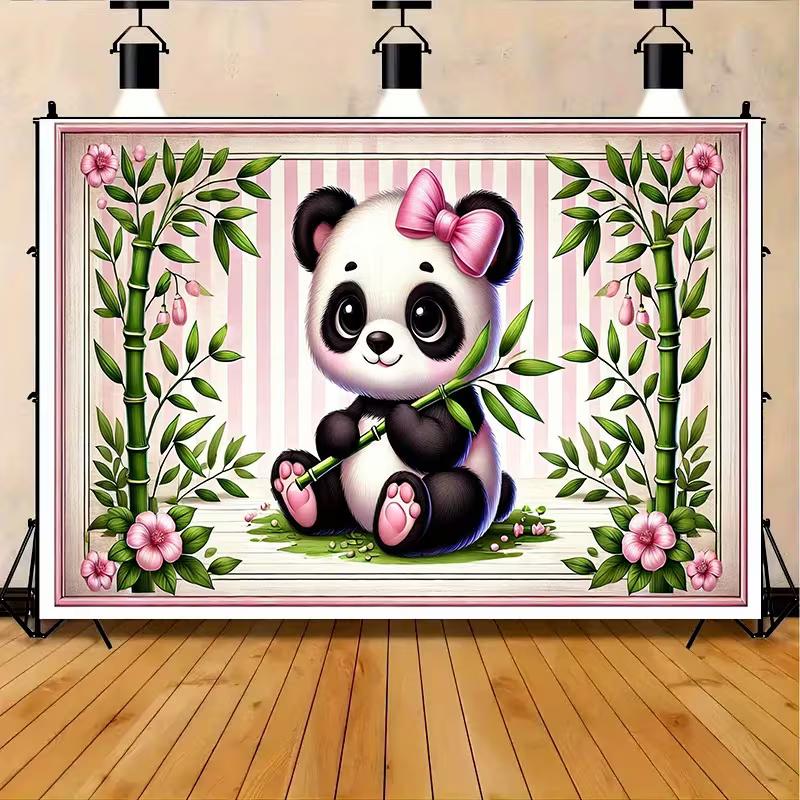 2D Cartoon Baby Panda Cherry Blossom Backdrop Girl Birthday Party Decor Background Cloth