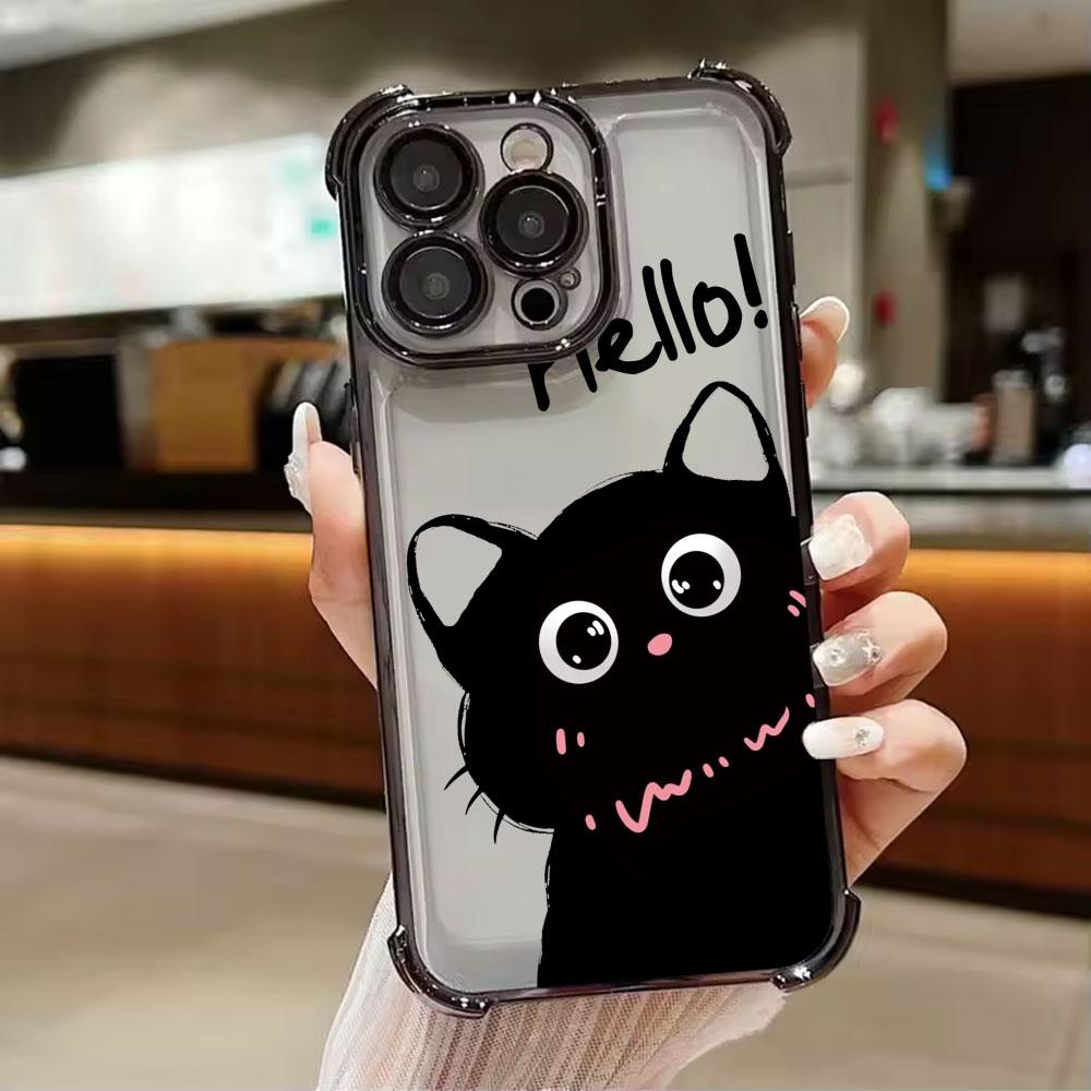 Black Cat Cartoon Art Phone Case for iPhone 11 13 15 16 17 Pro Max 14 Plus 17Air 16E 13 Pro 12 Mini 17Pro Shockproof Clear Cover