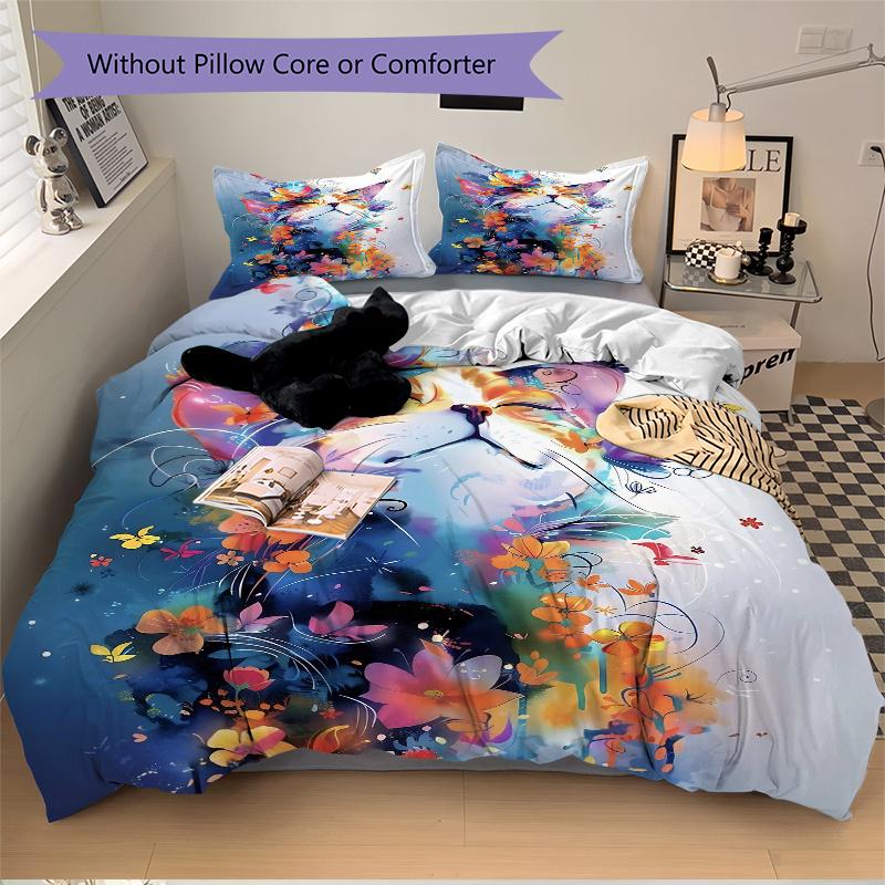 3pcs Colorful Elements Cat Pattern Bedding Set, 1* Cover + 2*Pillowcases, Printed Bedding Set, Soft and Comfortable, Suitable for Bedroom an