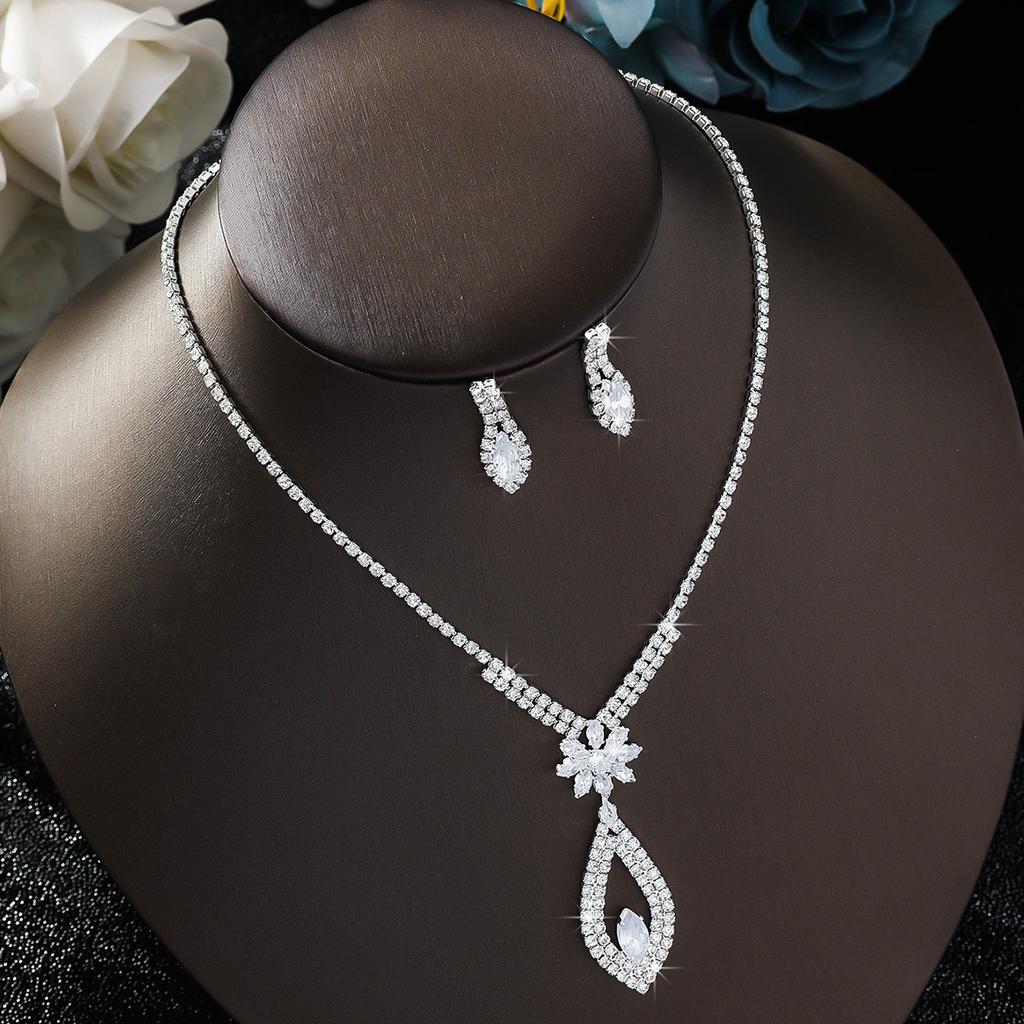 Bridal Jewelry Set Simple Zirconium Drop Pendant Rhinestone Necklace Earrings Two Wedding Dress Accessories