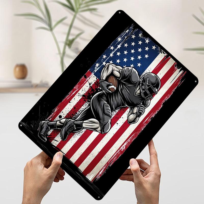 American Football Player With USA Flag Tinplate Poster Customized Wall Art Vintage Metal Signs Retro Tin Plaque for Office Decor 20x30cm(7.8x11.8inch)