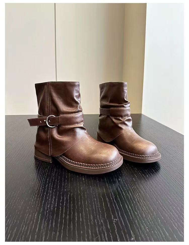 

Cowhide version~ retro thick heel fashion cowboy boots pleated design belt buckle thin leather short knight boots 40
