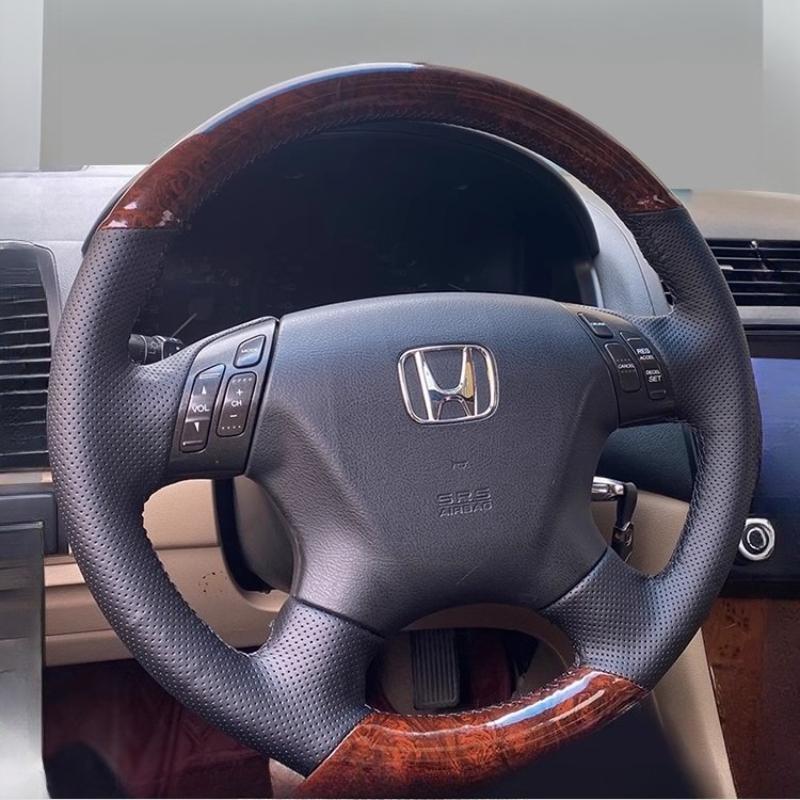 For Honda Accord 7th 2003-2007 Odyssey 2005-2010 Hand-stitched Black Leather Peach Wood Grain Car Steering Wheel Cover